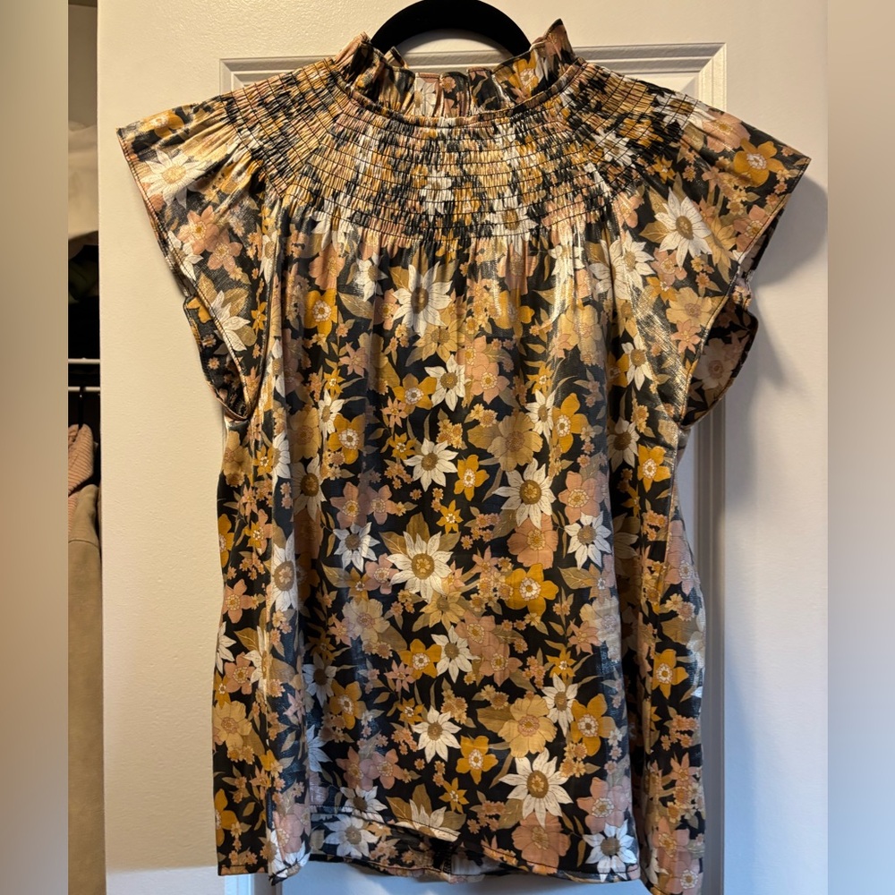 MOODIE High Neck Smocked Earth Tone Blouse Size Small